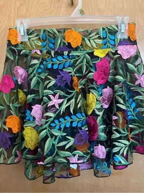 Embroidered Floral Mesh Skirt - Multicolor